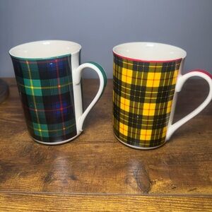 Jeffrey Banks Home Plaid Tartan Mug Pair Green‎ Yellow Dishwasher Safe